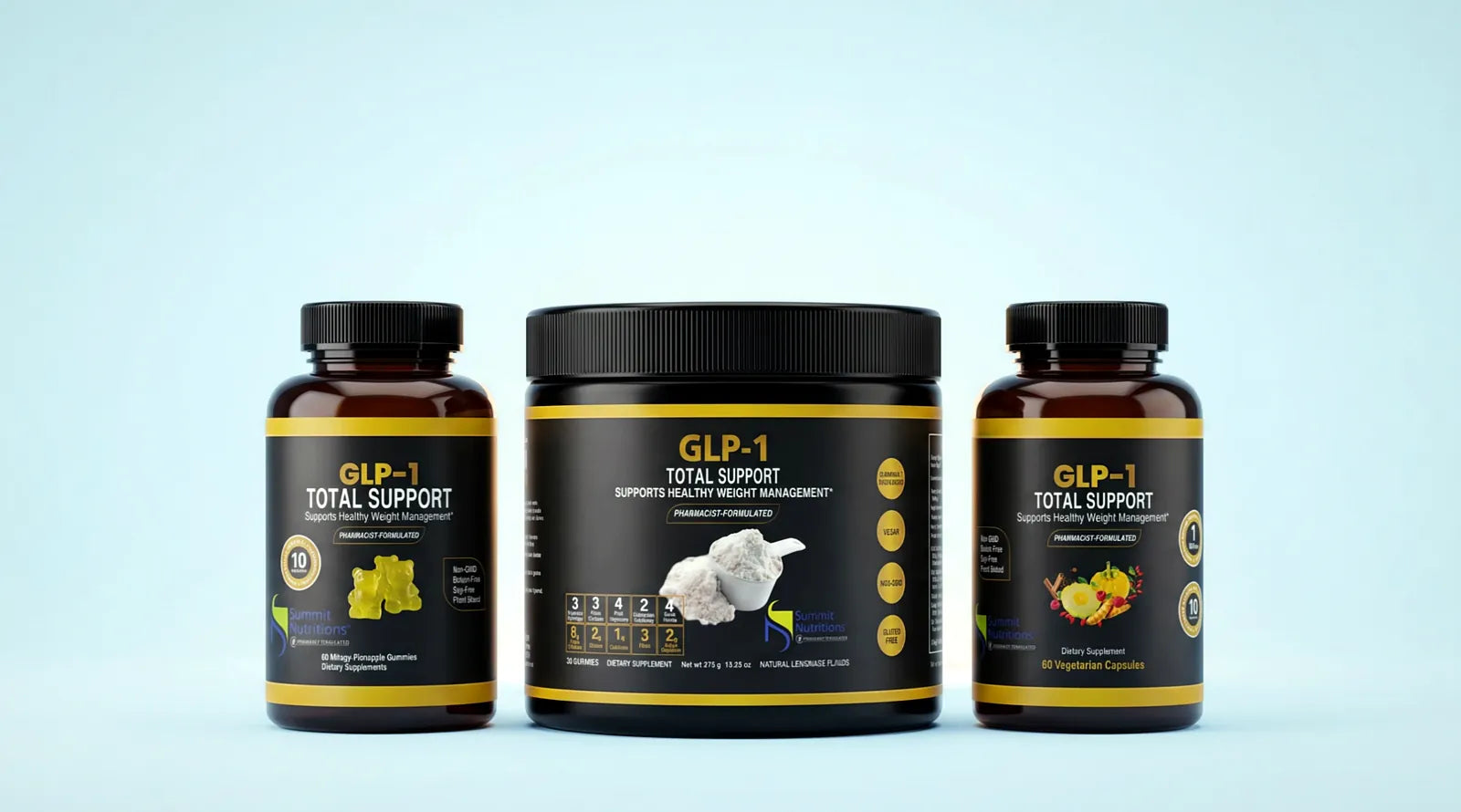 Summit GLP-1 Total Support capsules, gummies and powder floating as their caps drift away